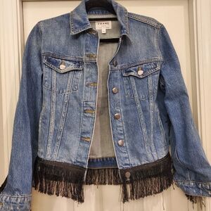Frame Denim Women's Classic Blue Jean Jacket with Black Fringe Size S
